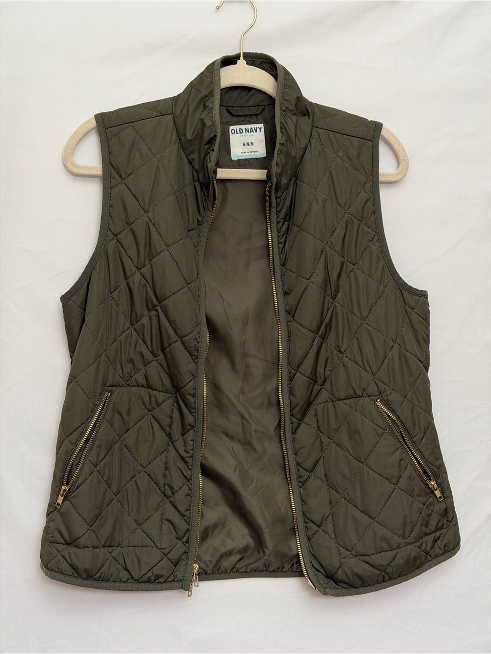 Old Navy Olive Green Quilted Vest with Gold Zipper